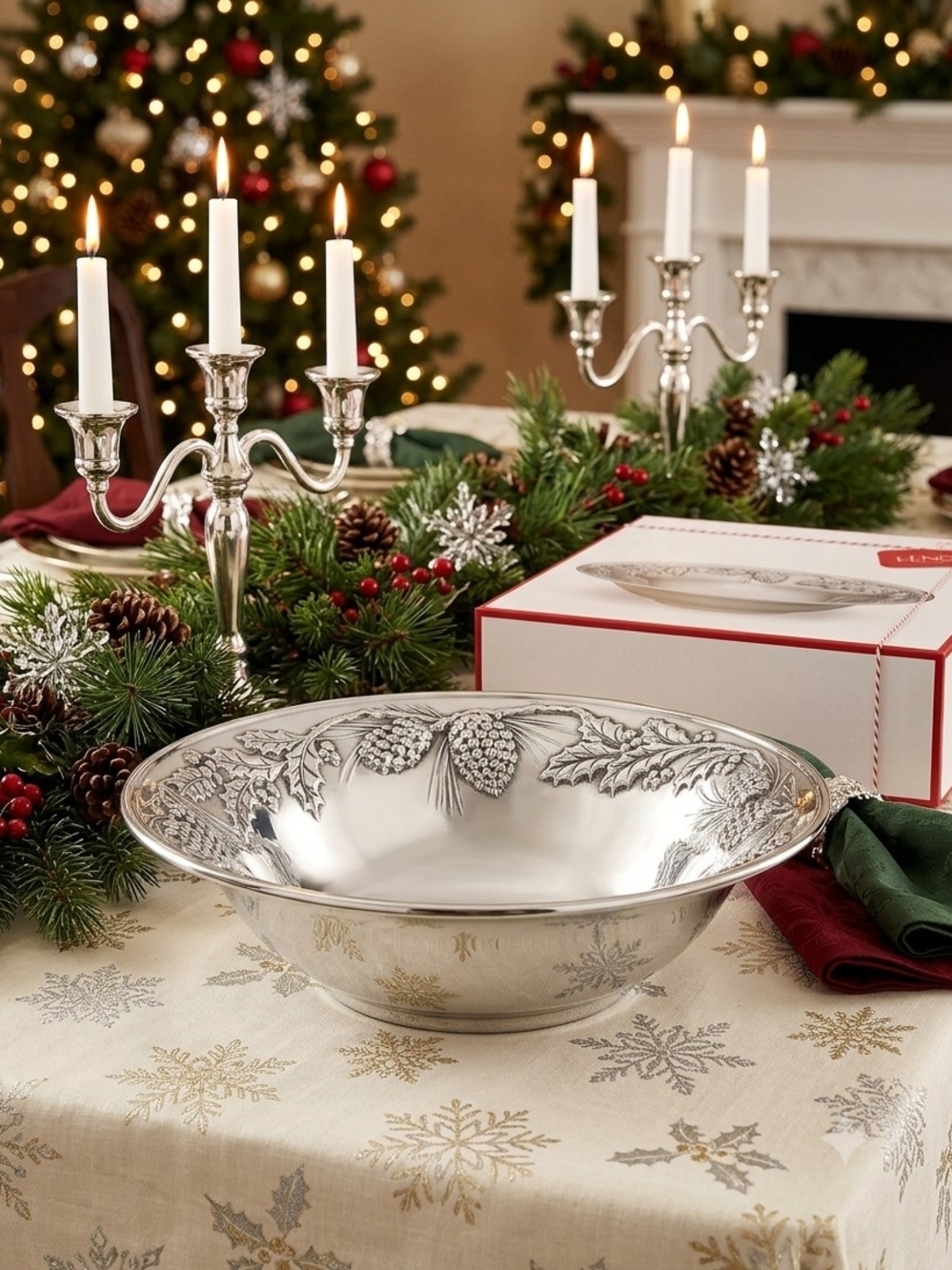 Lenox Holiday Metal Serving Bowl NIB Picone & Holly 12 Inch